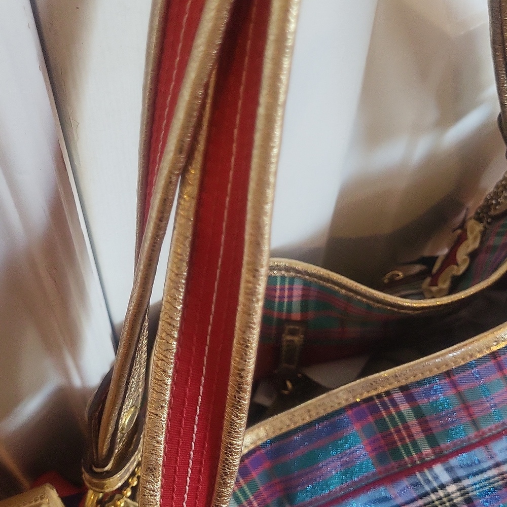 Coach Poppy Plaid Tote Bag with Gold, Blues, Greens and Reds. - Picture 6 of 14